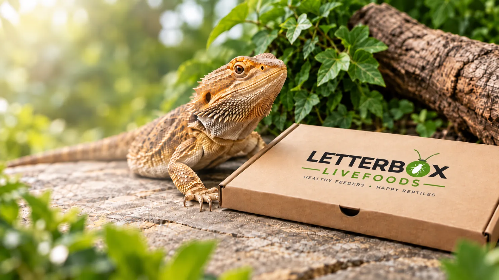 Bearded dragon beside a slim Letterbox Livefoods parcel